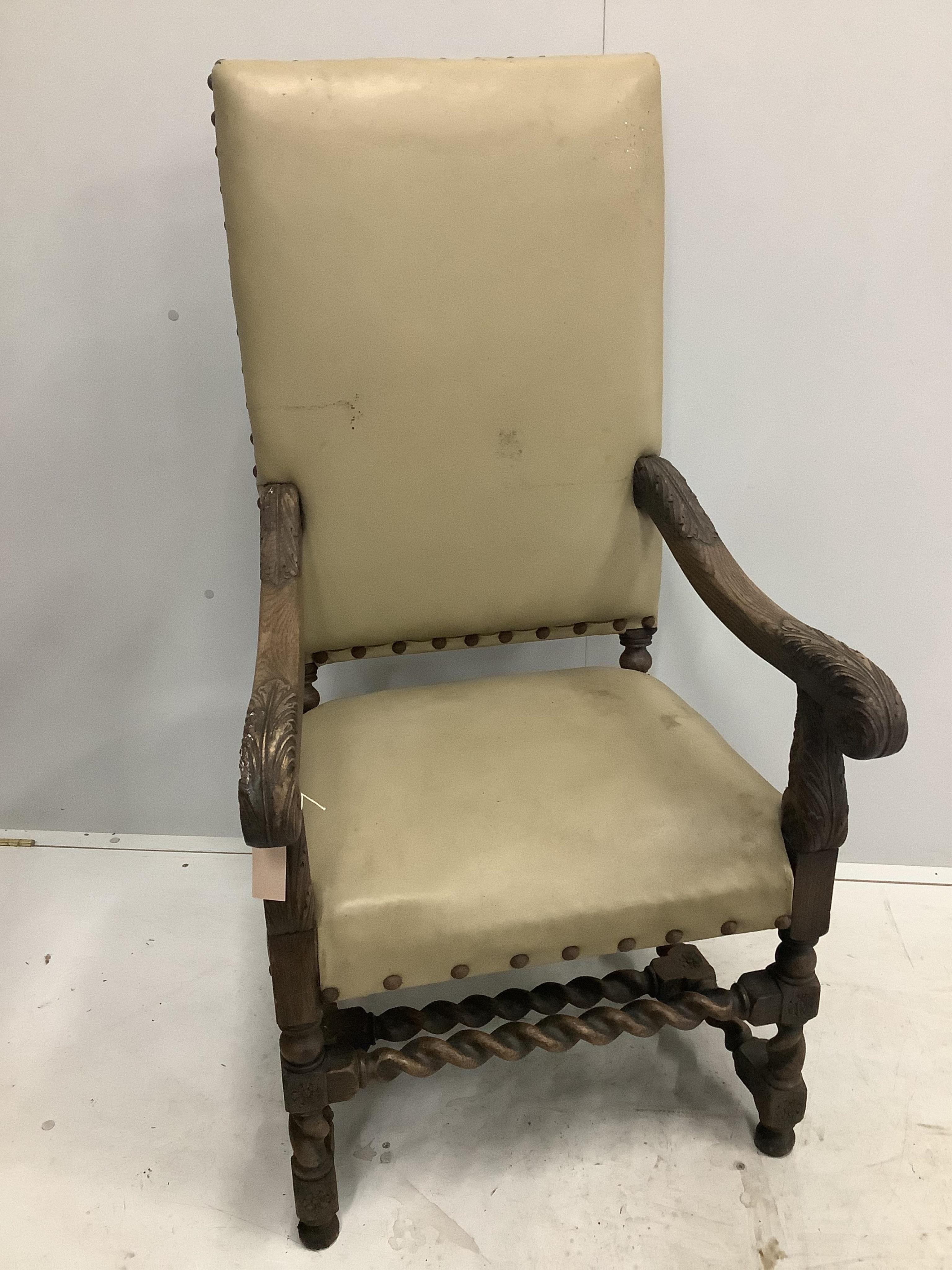Six Carolean style carved oak dining chairs, two with arms. Condition - poor to fair